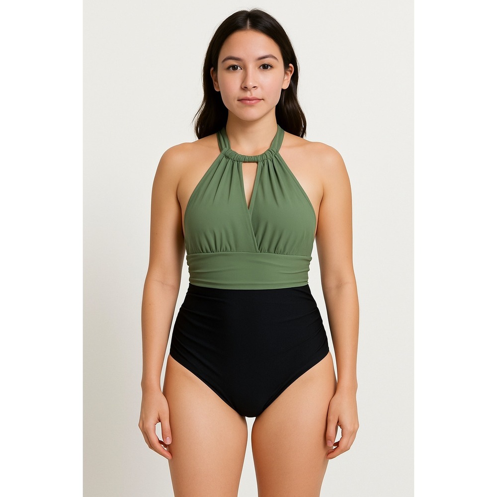 Womens Swimsuit Size M Green Black One‎ Piece Halter High Neck Retro Colorblock